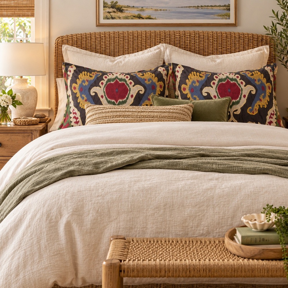 Pottery Barn 24x24 Pillow Covers Pair Linen Applique Embroidered Suzani Ikat
